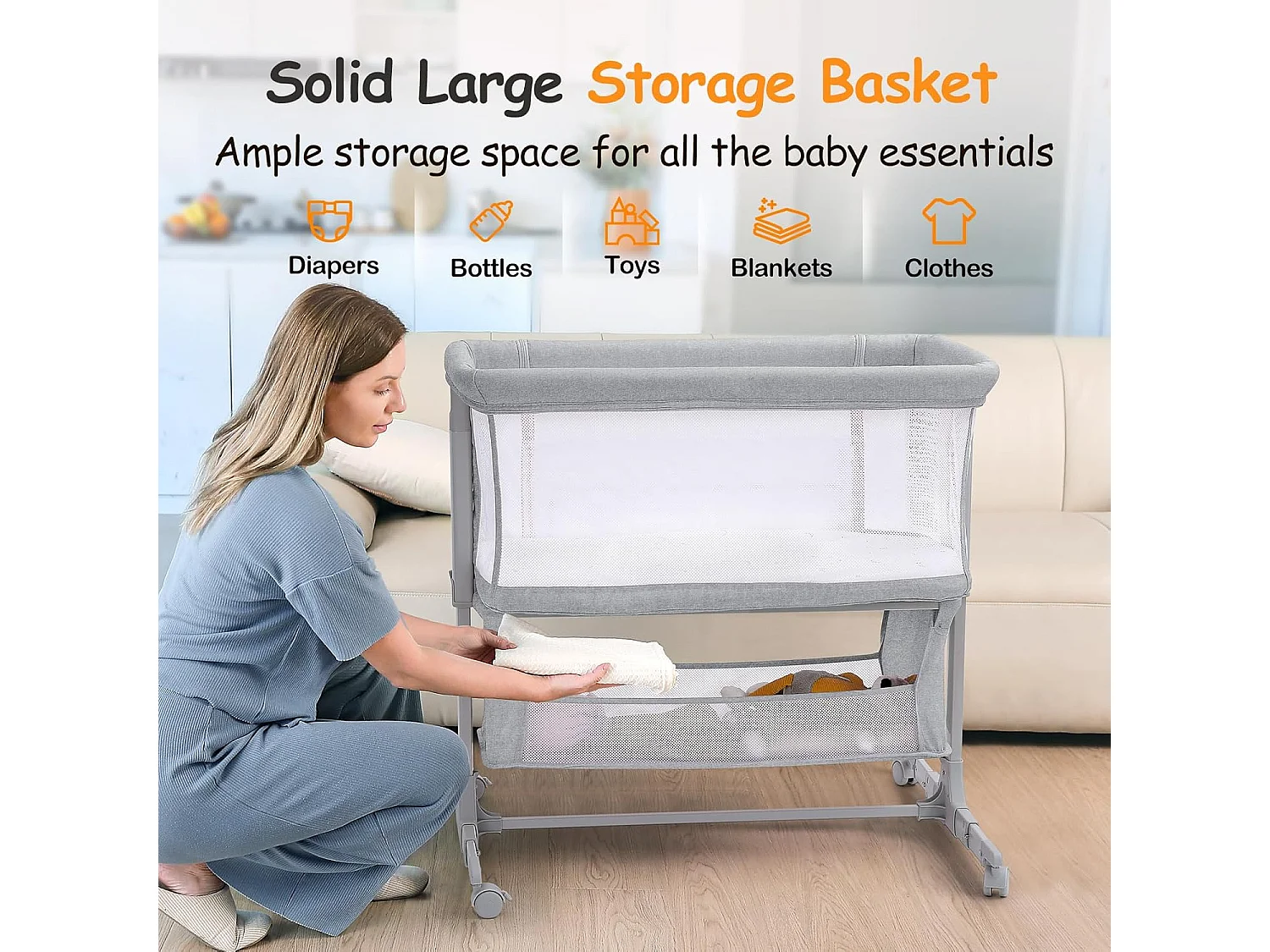 Berceau de Chevet pour Nouveau-Nés, Lit Bébé Portable avec Roulettes, Panier de Rangement, Matelas, Réglable en Hauteur 7 Positions, Gris