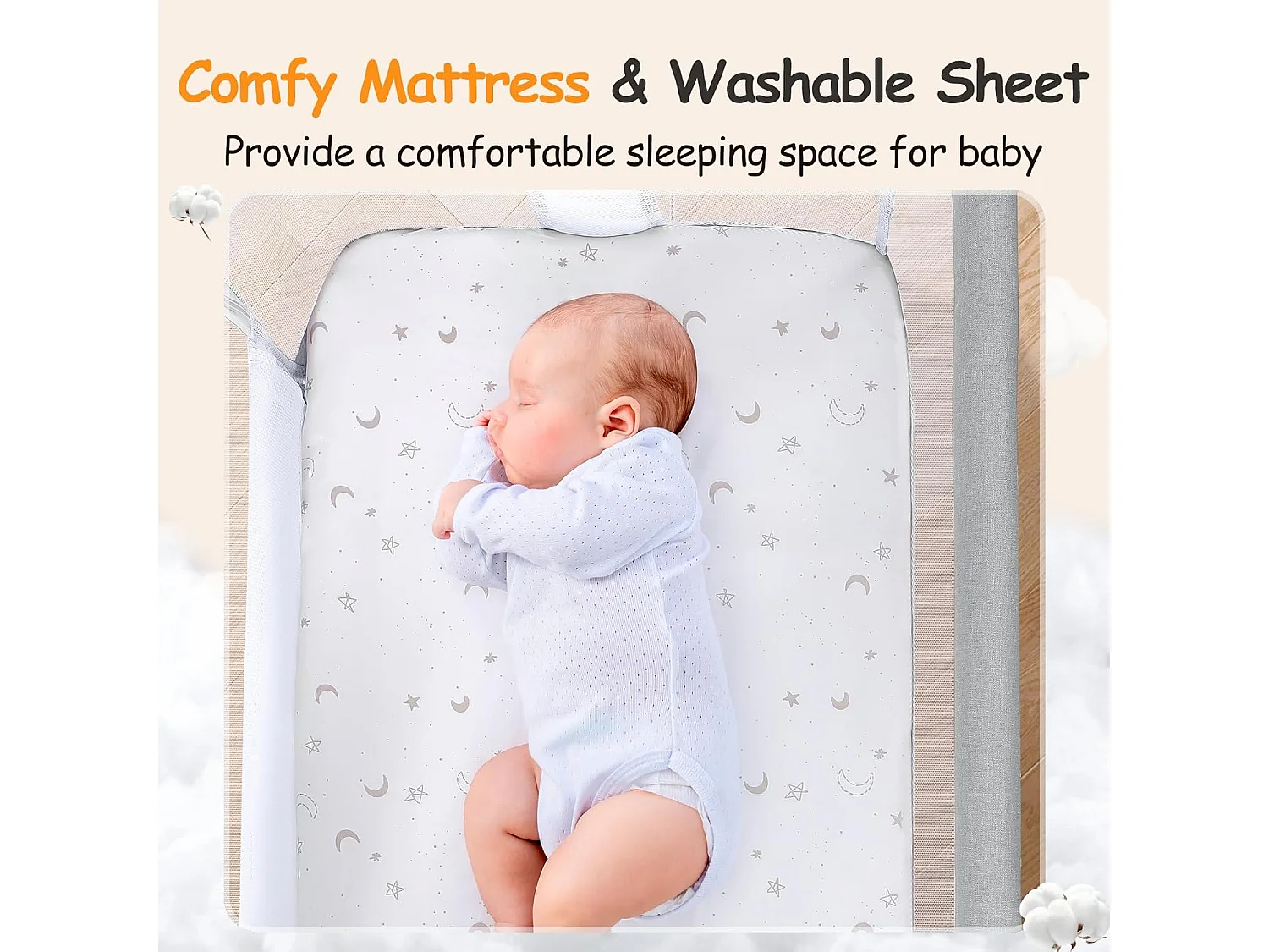 Berceau de Chevet pour Nouveau-Nés, Lit Bébé Portable avec Roulettes, Panier de Rangement, Matelas, Réglable en Hauteur 7 Positions, Gris