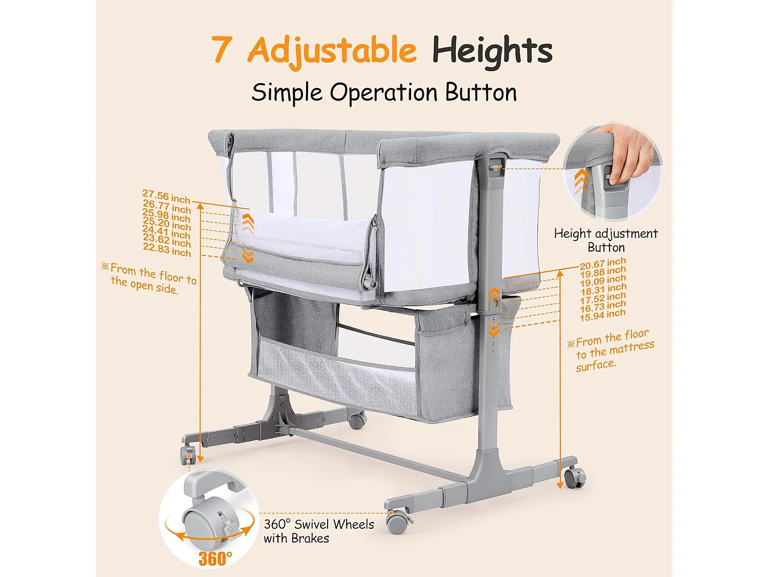 Berceau de Chevet pour Nouveau-Nés, Lit Bébé Portable avec Roulettes, Panier de Rangement, Matelas, Réglable en Hauteur 7 Positions, Gris