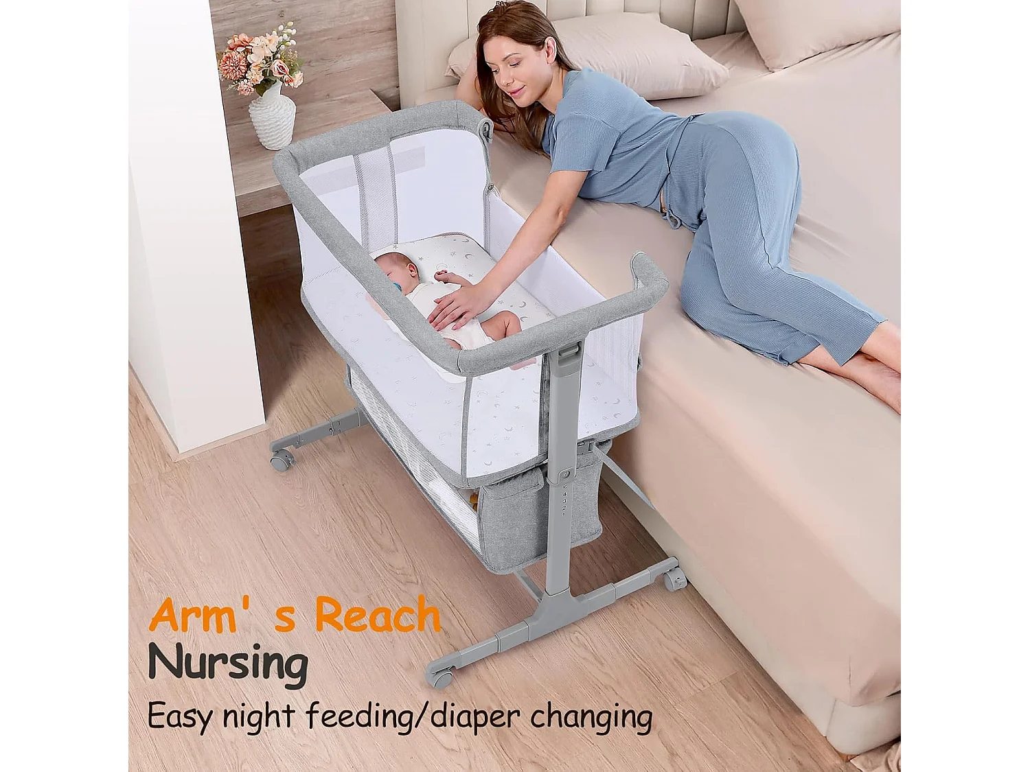 Berceau de Chevet pour Nouveau-Nés, Lit Bébé Portable avec Roulettes, Panier de Rangement, Matelas, Réglable en Hauteur 7 Positions, Gris