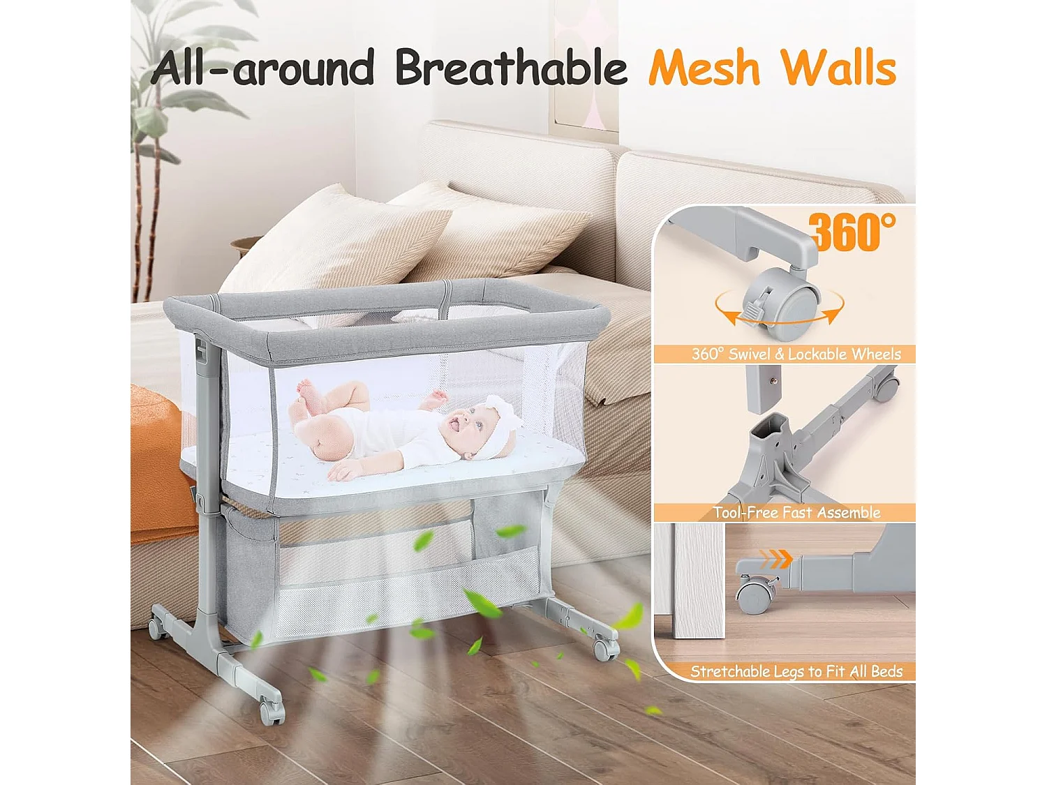 Berceau de Chevet pour Nouveau-Nés, Lit Bébé Portable avec Roulettes, Panier de Rangement, Matelas, Réglable en Hauteur 7 Positions, Gris