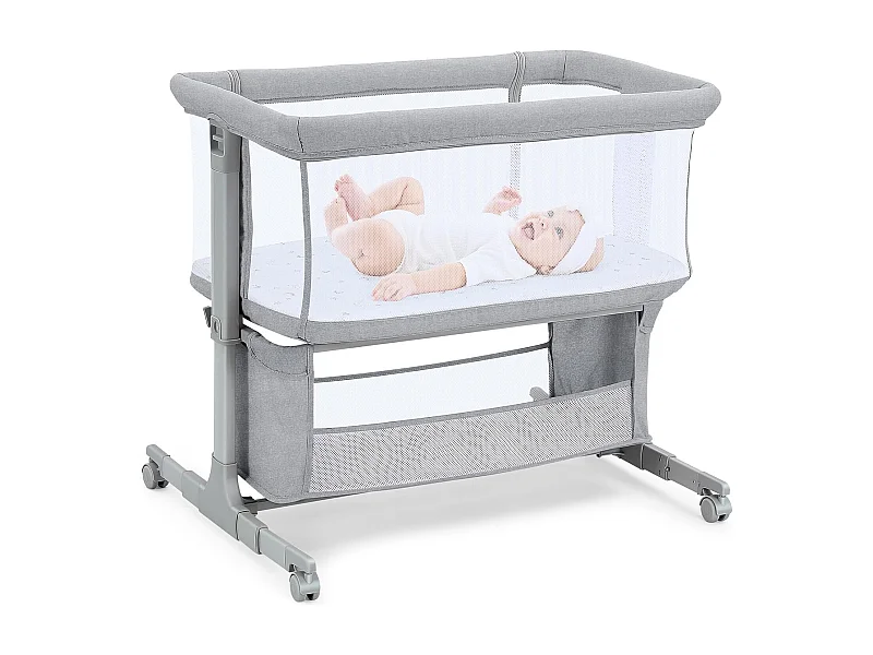 Berceau de Chevet pour Nouveau-Nés, Lit Bébé Portable avec Roulettes, Panier de Rangement, Matelas, Réglable en Hauteur 7 Positions, Gris