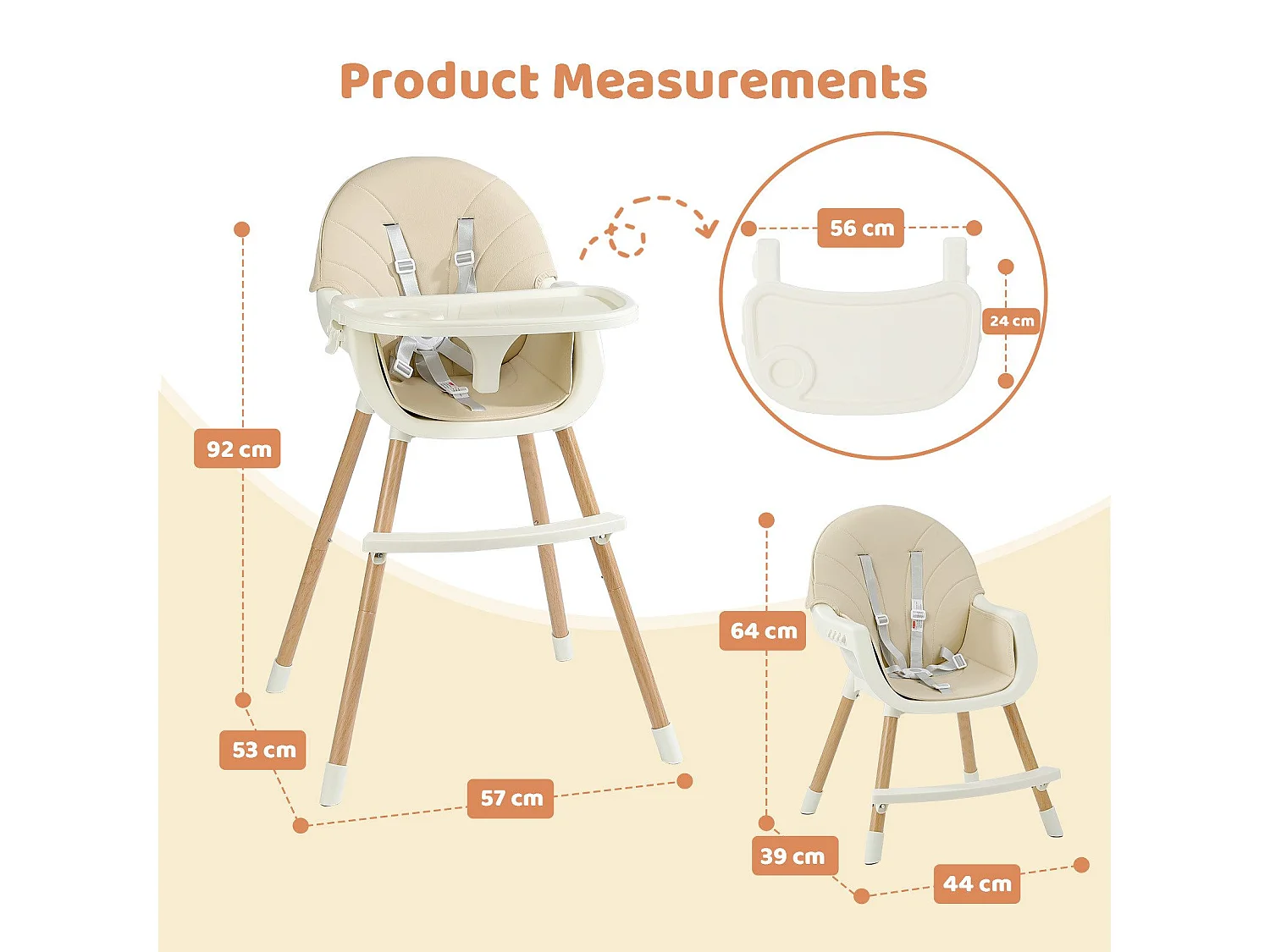 Chaise haute YOLEO avec pieds en bois, réglable en hauteur, chaise haute pliable pour enfants jusqu'à 3 ans, beige