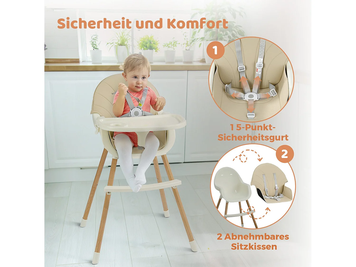 Chaise haute YOLEO avec pieds en bois, réglable en hauteur, chaise haute pliable pour enfants jusqu'à 3 ans, beige