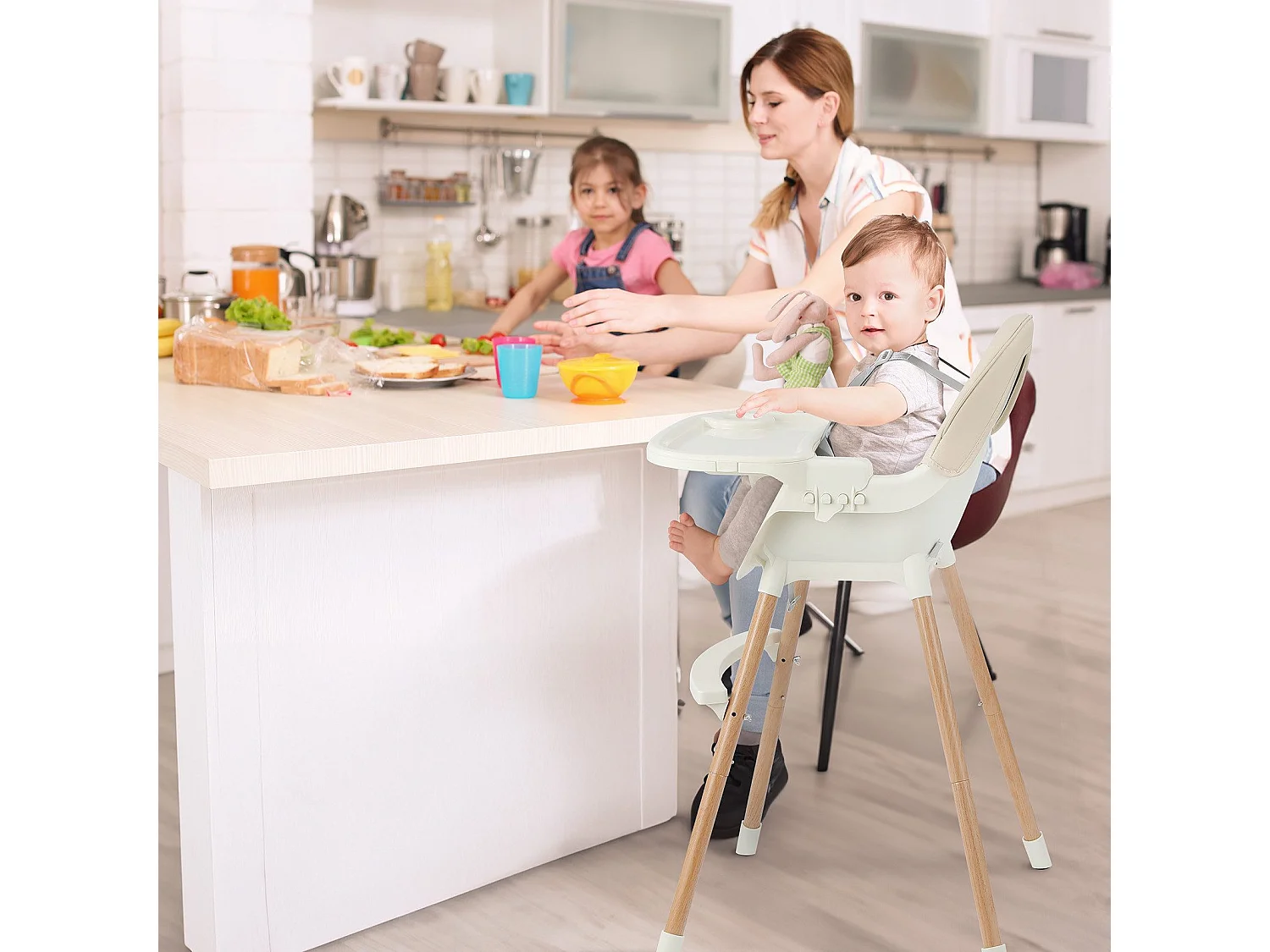 Chaise haute YOLEO avec pieds en bois, réglable en hauteur, chaise haute pliable pour enfants jusqu'à 3 ans, beige