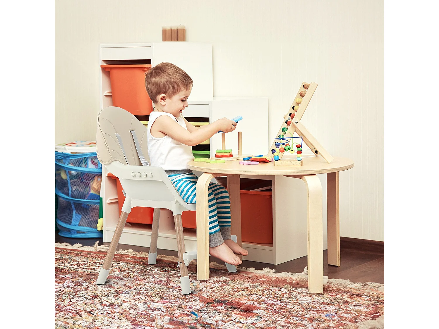 Chaise haute YOLEO avec pieds en bois, réglable en hauteur, chaise haute pliable pour enfants jusqu'à 3 ans, beige