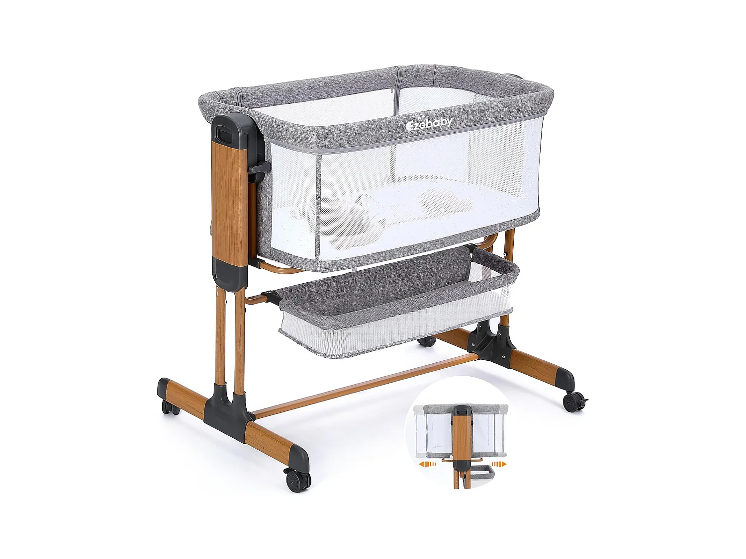 Lit Bébé 3-en-1 Ezebaby pour Nouveau-Nés, Lit Bébé pour la Maison avec Roulettes et Matelas, 7 Hauteurs Réglables (Gris)