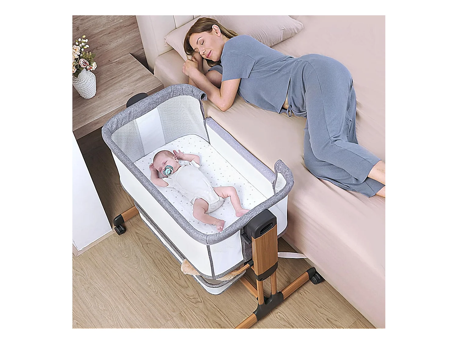 Lit Bébé 3-en-1 Ezebaby pour Nouveau-Nés, Lit Bébé pour la Maison avec Roulettes et Matelas, 7 Hauteurs Réglables (Gris)