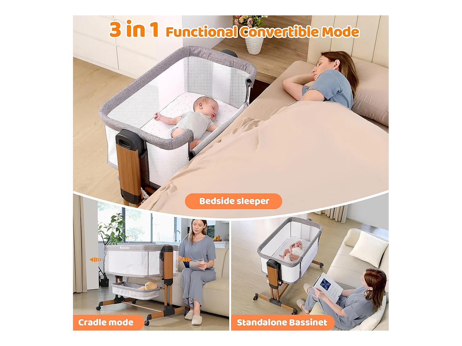 Lit Bébé 3-en-1 Ezebaby pour Nouveau-Nés, Lit Bébé pour la Maison avec Roulettes et Matelas, 7 Hauteurs Réglables (Gris)