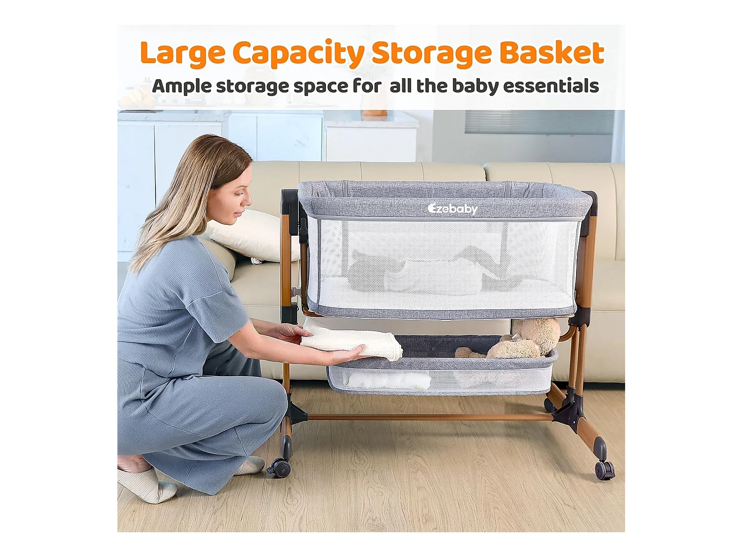 Lit Bébé 3-en-1 Ezebaby pour Nouveau-Nés, Lit Bébé pour la Maison avec Roulettes et Matelas, 7 Hauteurs Réglables (Gris)