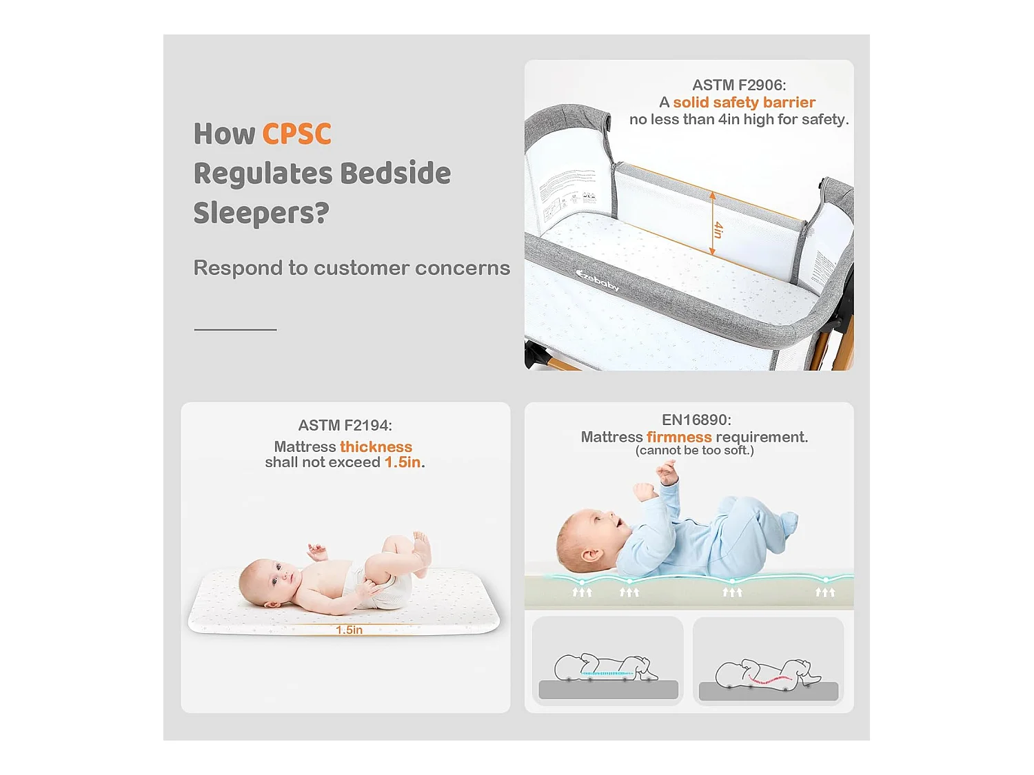 Lit Bébé 3-en-1 Ezebaby pour Nouveau-Nés, Lit Bébé pour la Maison avec Roulettes et Matelas, 7 Hauteurs Réglables (Gris)