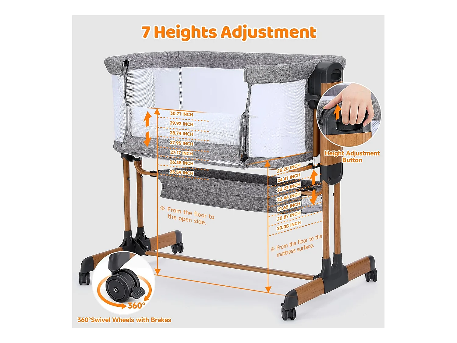 Lit Bébé 3-en-1 Ezebaby pour Nouveau-Nés, Lit Bébé pour la Maison avec Roulettes et Matelas, 7 Hauteurs Réglables (Gris)
