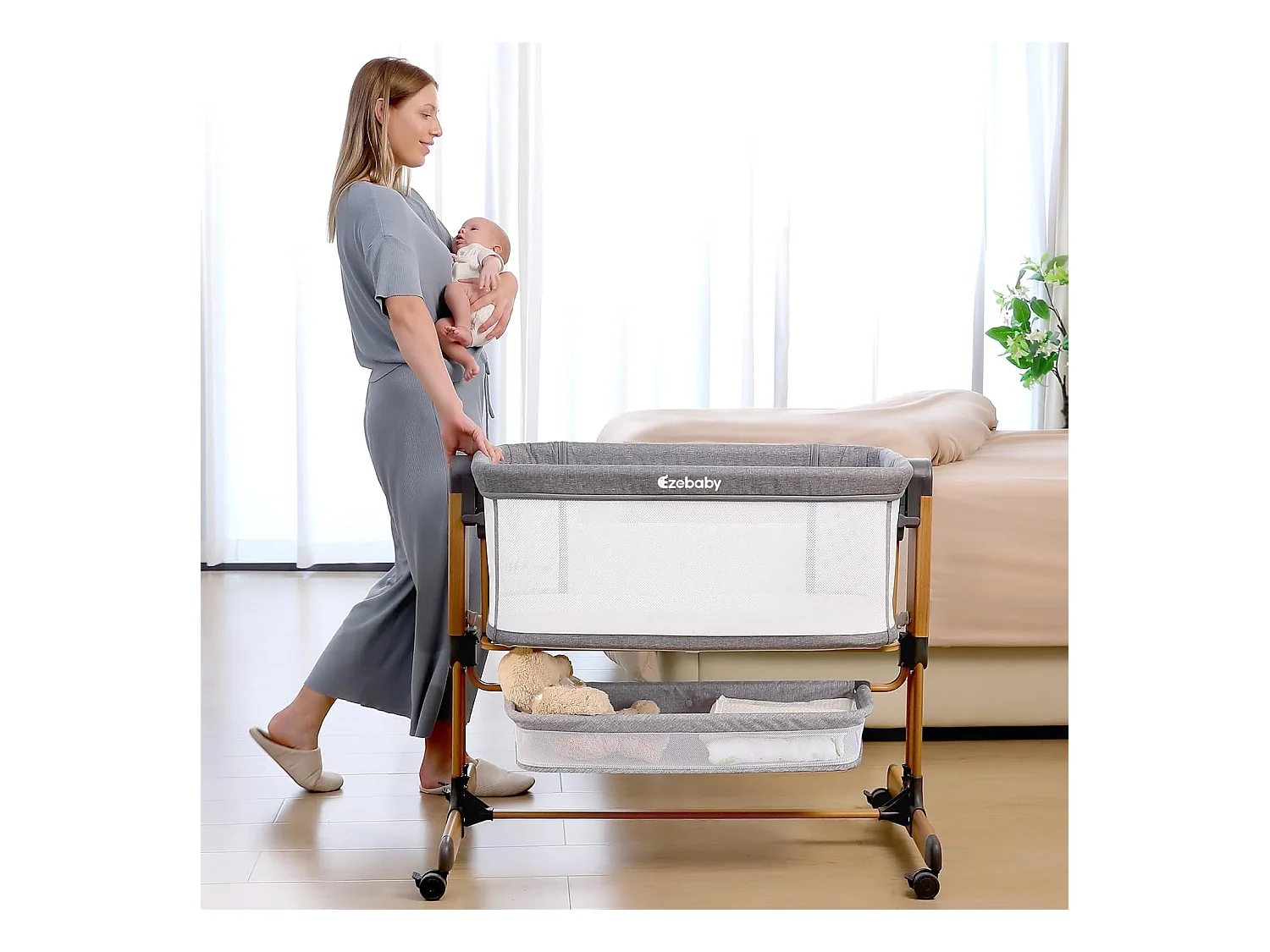 Lit Bébé 3-en-1 Ezebaby pour Nouveau-Nés, Lit Bébé pour la Maison avec Roulettes et Matelas, 7 Hauteurs Réglables (Gris)