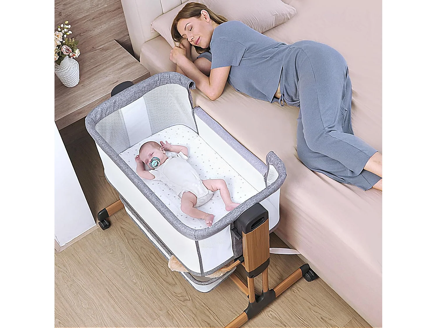Lit Bébé 3-en-1 Ezebaby pour Nouveau-Nés, Lit Bébé pour la Maison avec Roulettes et Matelas, 7 Hauteurs Réglables (Gris)