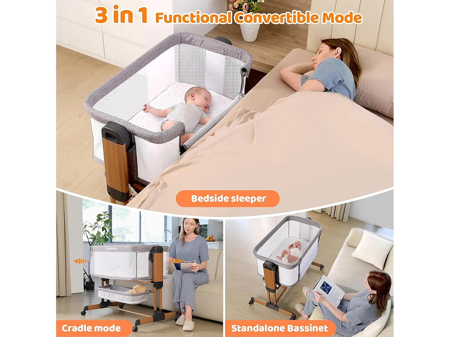 Lit Bébé 3-en-1 Ezebaby pour Nouveau-Nés, Lit Bébé pour la Maison avec Roulettes et Matelas, 7 Hauteurs Réglables (Gris)