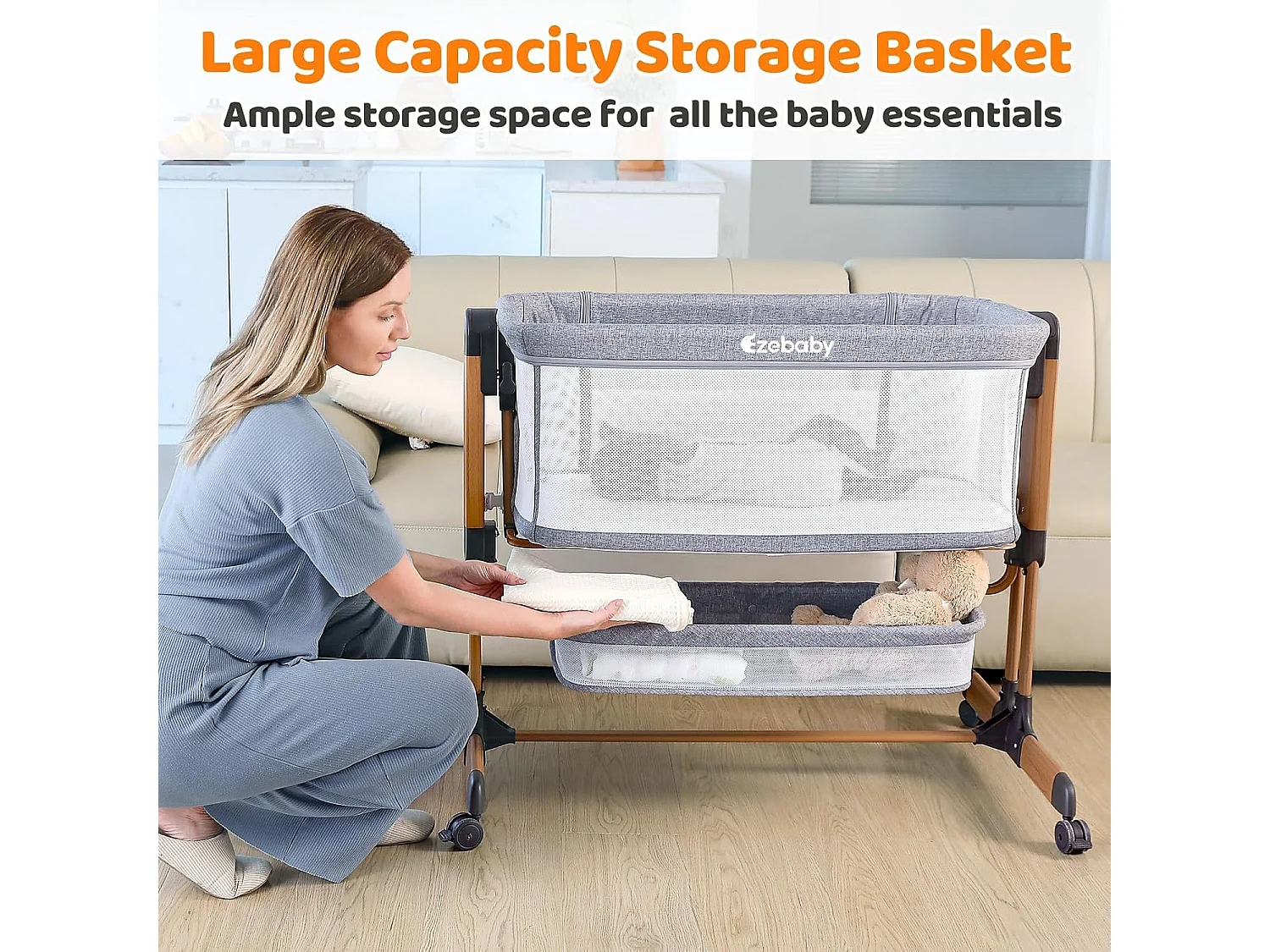 Lit Bébé 3-en-1 Ezebaby pour Nouveau-Nés, Lit Bébé pour la Maison avec Roulettes et Matelas, 7 Hauteurs Réglables (Gris)