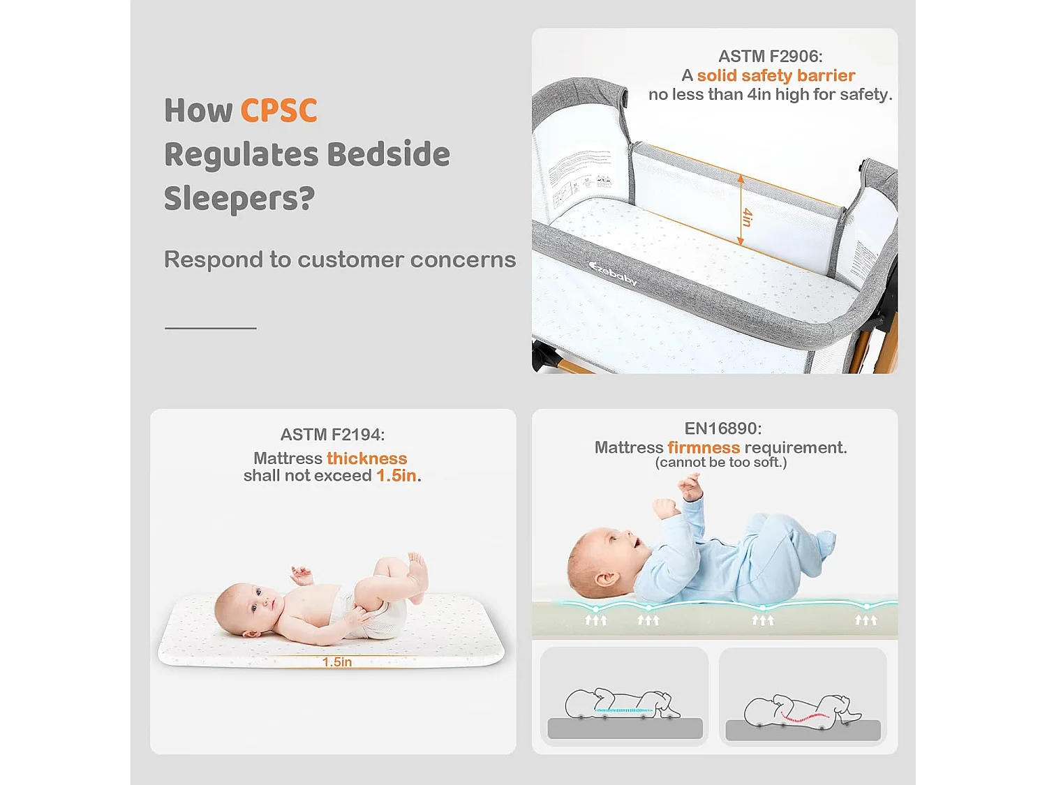 Lit Bébé 3-en-1 Ezebaby pour Nouveau-Nés, Lit Bébé pour la Maison avec Roulettes et Matelas, 7 Hauteurs Réglables (Gris)