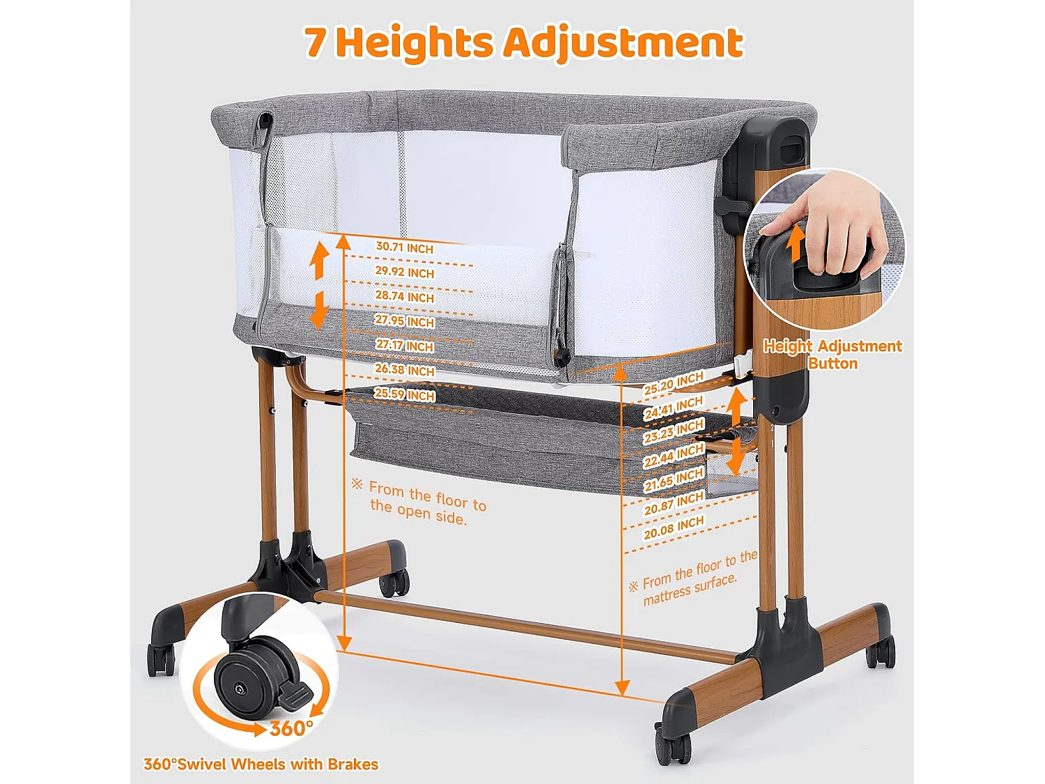Lit Bébé 3-en-1 Ezebaby pour Nouveau-Nés, Lit Bébé pour la Maison avec Roulettes et Matelas, 7 Hauteurs Réglables (Gris)