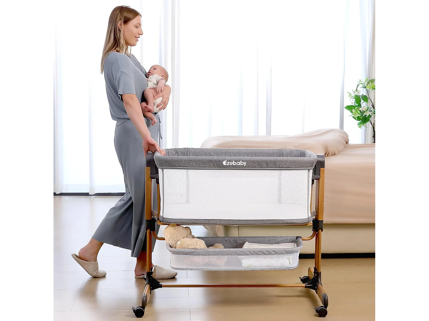 Lit Bébé 3-en-1 Ezebaby pour Nouveau-Nés, Lit Bébé pour la Maison avec Roulettes et Matelas, 7 Hauteurs Réglables (Gris)