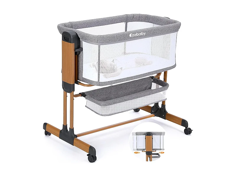 Lit Bébé 3-en-1 Ezebaby pour Nouveau-Nés, Lit Bébé pour la Maison avec Roulettes et Matelas, 7 Hauteurs Réglables (Gris)