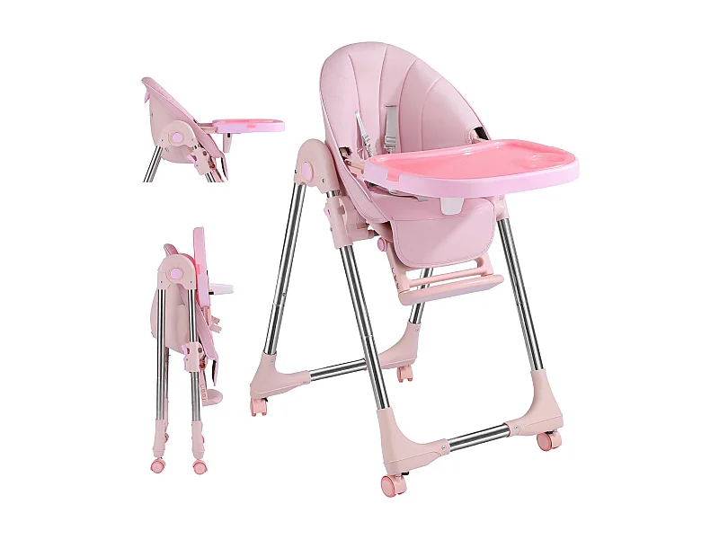 Chaise haute pliante pour enfants OUNUO avec ceinture de sécurité et coussin en simili cuir, 6 mois à 6 ans, Rose