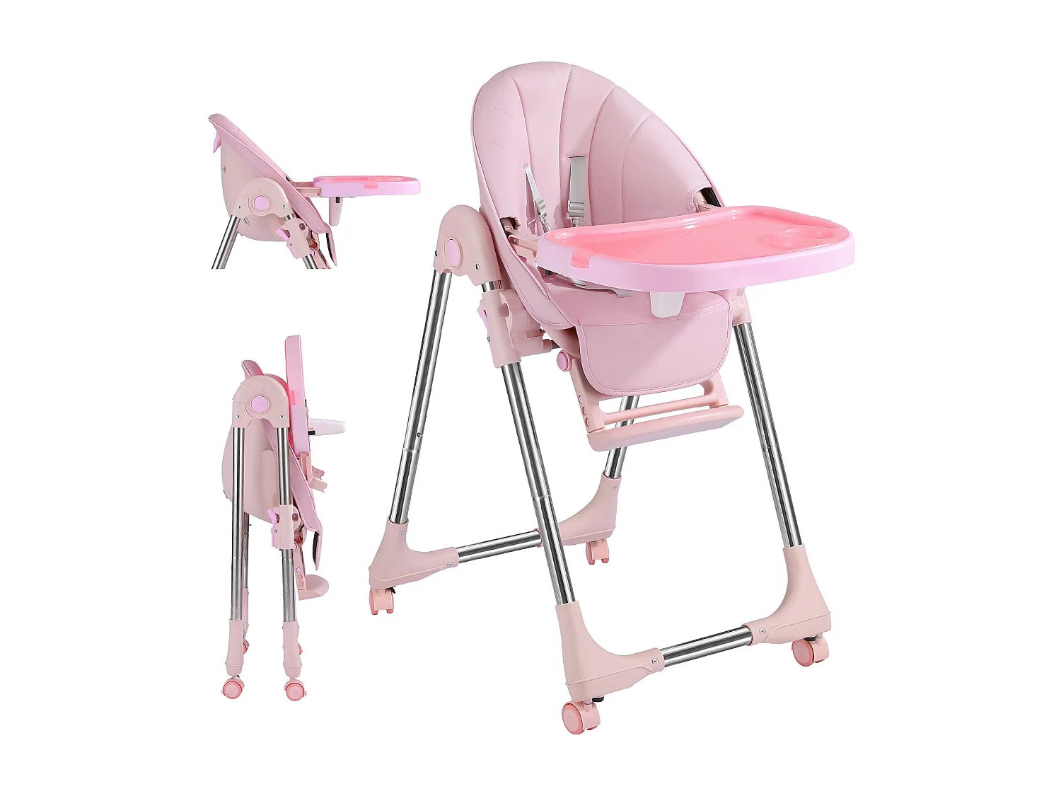 Chaise haute pliante pour enfants OUNUO avec ceinture de sécurité et coussin en simili cuir, 6 mois à 6 ans, Rose