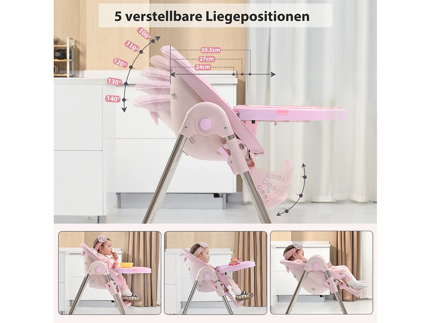 Chaise haute pliante pour enfants OUNUO avec ceinture de sécurité et coussin en simili cuir, 6 mois à 6 ans, Rose