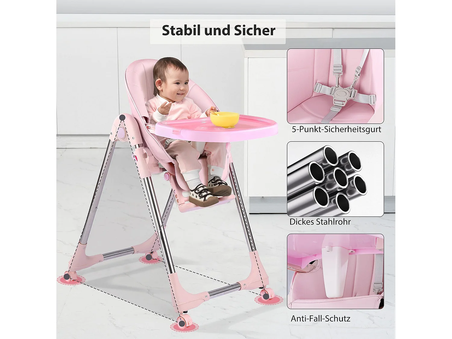 Chaise haute pliante pour enfants OUNUO avec ceinture de sécurité et coussin en simili cuir, 6 mois à 6 ans, Rose