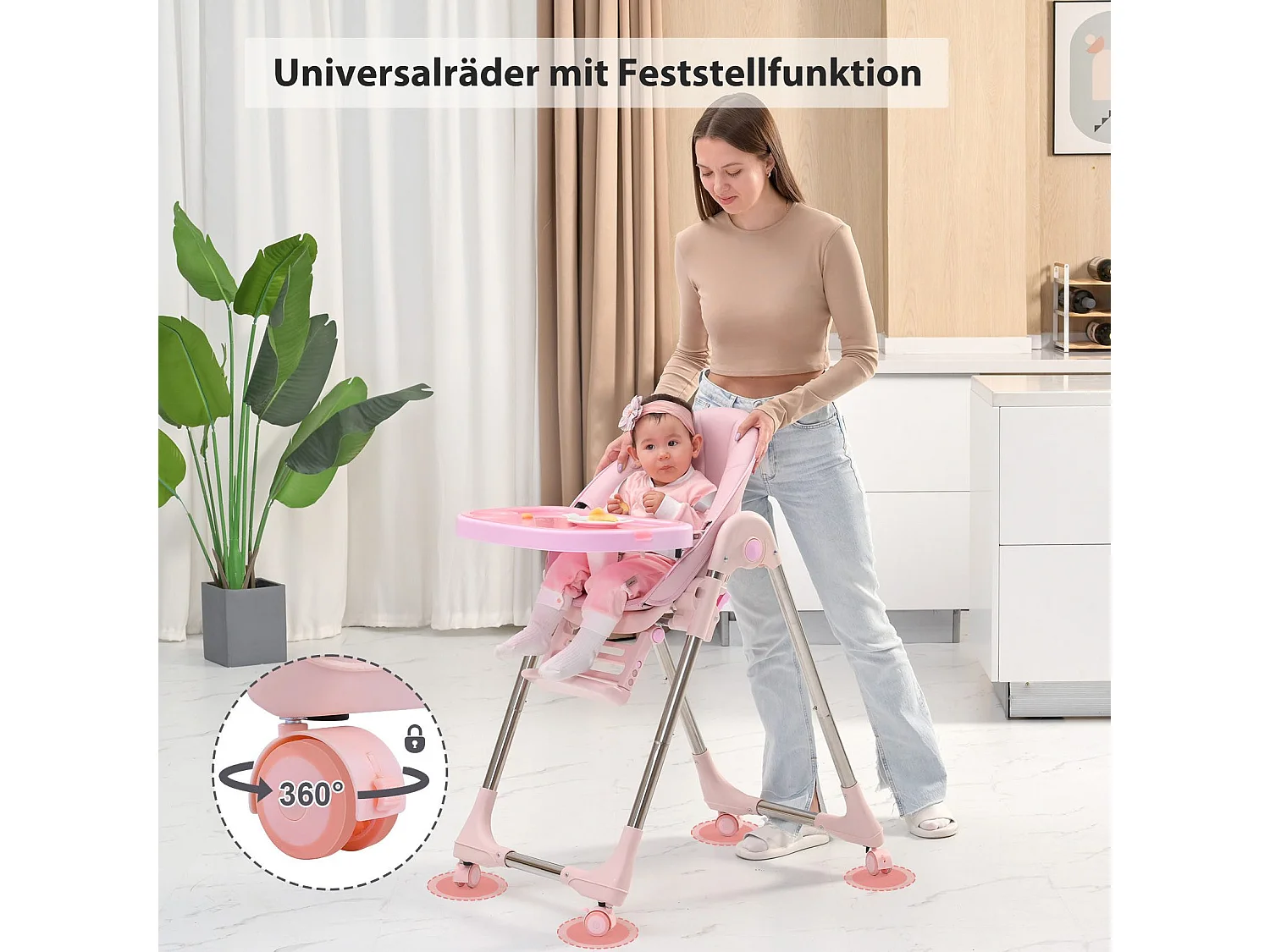 Chaise haute pliante pour enfants OUNUO avec ceinture de sécurité et coussin en simili cuir, 6 mois à 6 ans, Rose