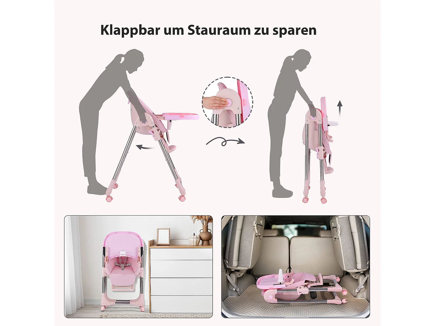 Chaise haute pliante pour enfants OUNUO avec ceinture de sécurité et coussin en simili cuir, 6 mois à 6 ans, Rose