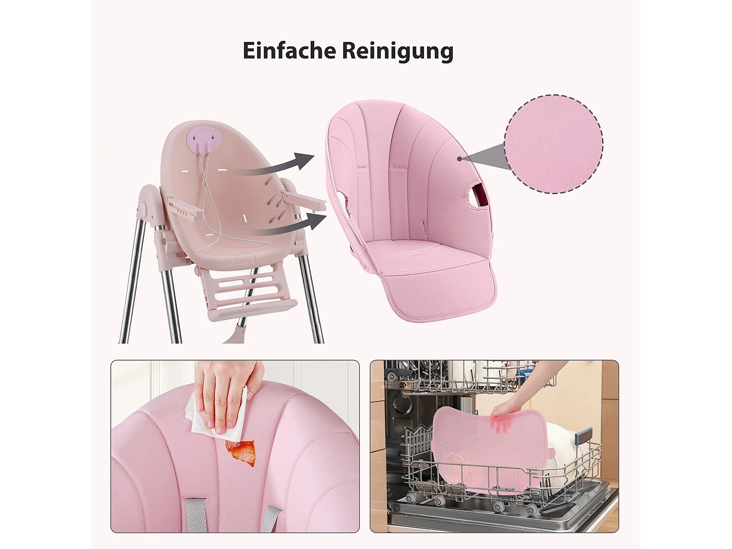 Chaise haute pliante pour enfants OUNUO avec ceinture de sécurité et coussin en simili cuir, 6 mois à 6 ans, Rose