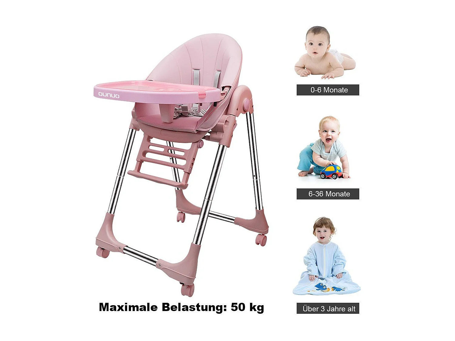 Chaise haute pliante pour enfants OUNUO avec ceinture de sécurité et coussin en simili cuir, 6 mois à 6 ans, Rose