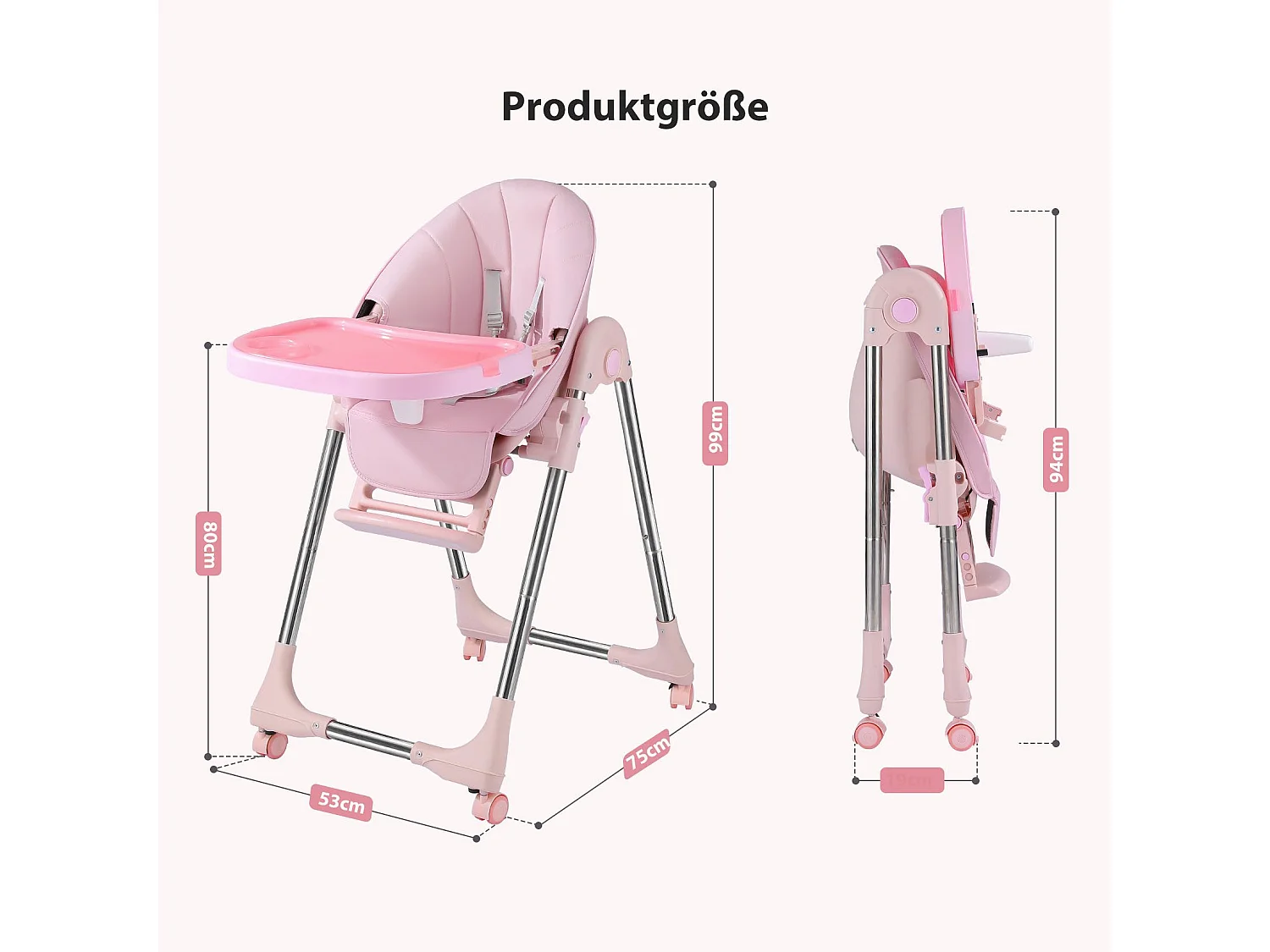 Chaise haute pliante pour enfants OUNUO avec ceinture de sécurité et coussin en simili cuir, 6 mois à 6 ans, Rose