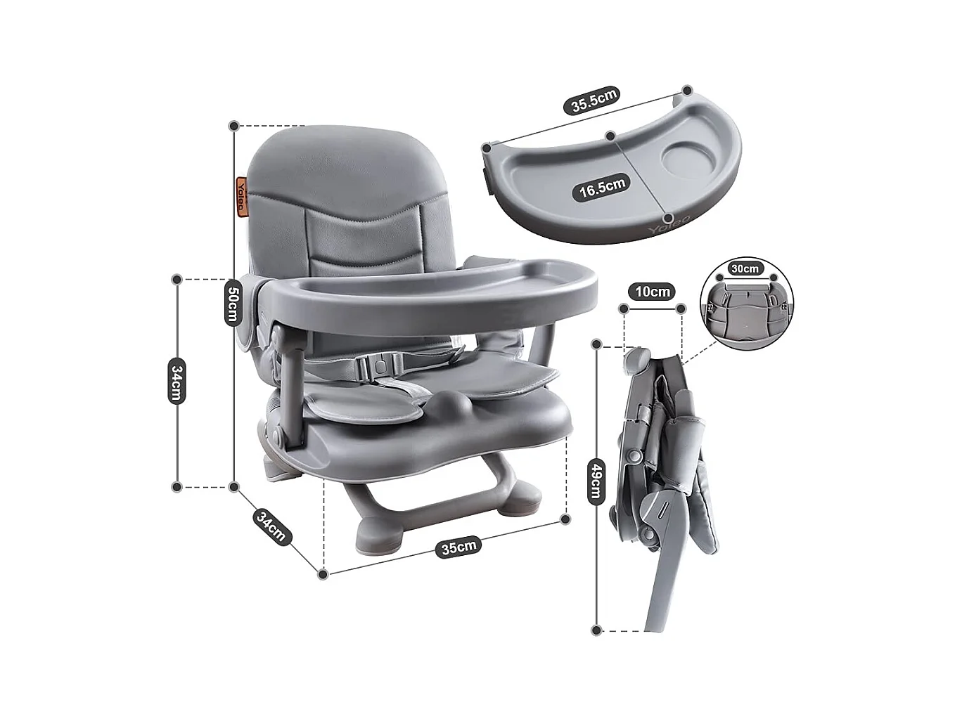 Seggiolone portatile YOLEO per bebè, con cintura di sicurezza, vassoio removibile e cuscino in PU, adatto per bambini da 6 a 36 mesi