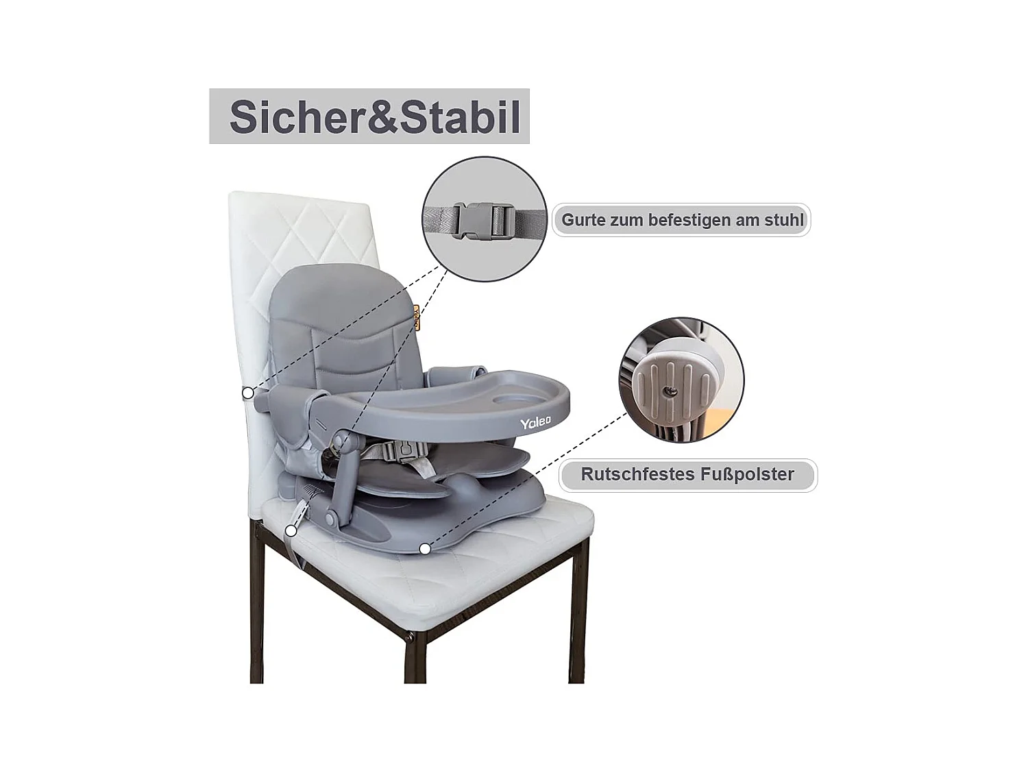 Seggiolone portatile YOLEO per bebè, con cintura di sicurezza, vassoio removibile e cuscino in PU, adatto per bambini da 6 a 36 mesi