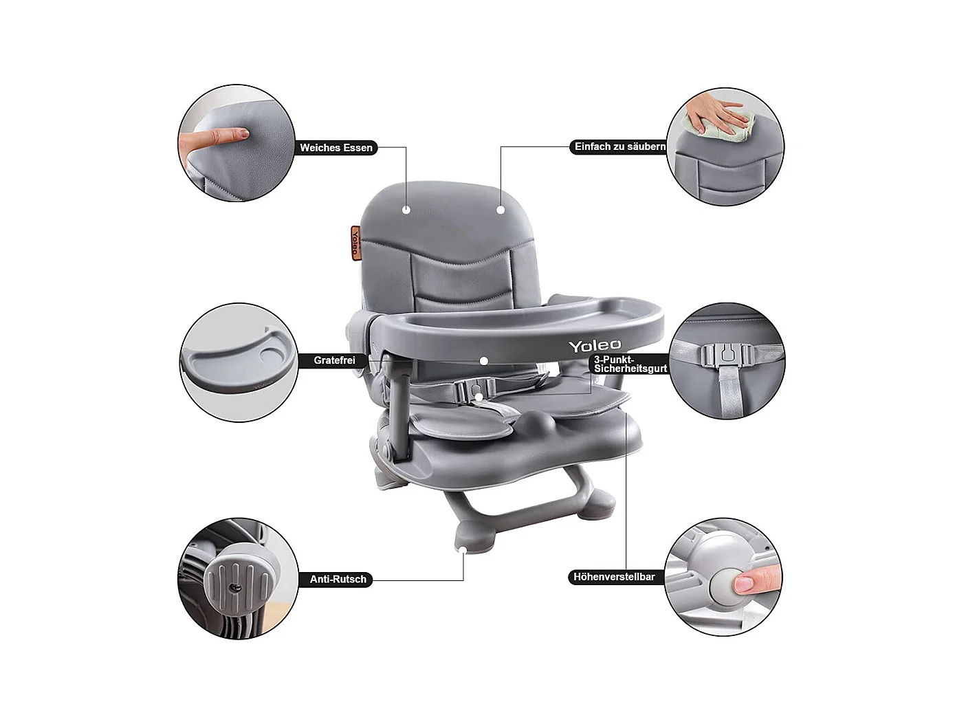 Seggiolone portatile YOLEO per bebè, con cintura di sicurezza, vassoio removibile e cuscino in PU, adatto per bambini da 6 a 36 mesi