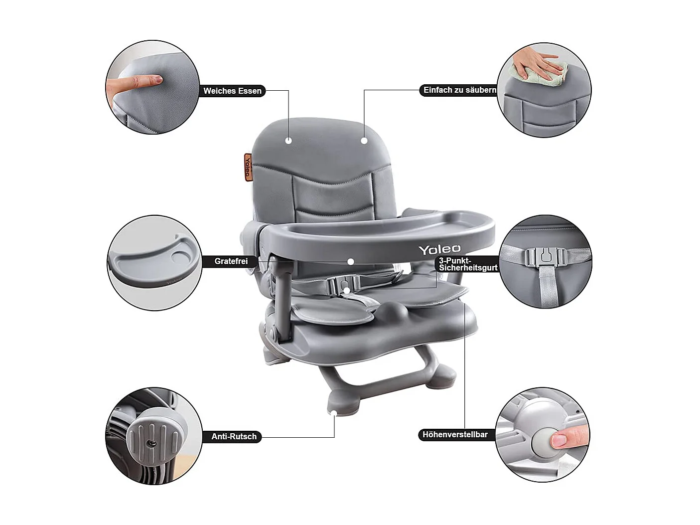 Chaise haute portable YOLEO pour bébé, avec ceinture de sécurité, plateau amovible et coussin en PU, convient aux enfants de 6 à 36 mois