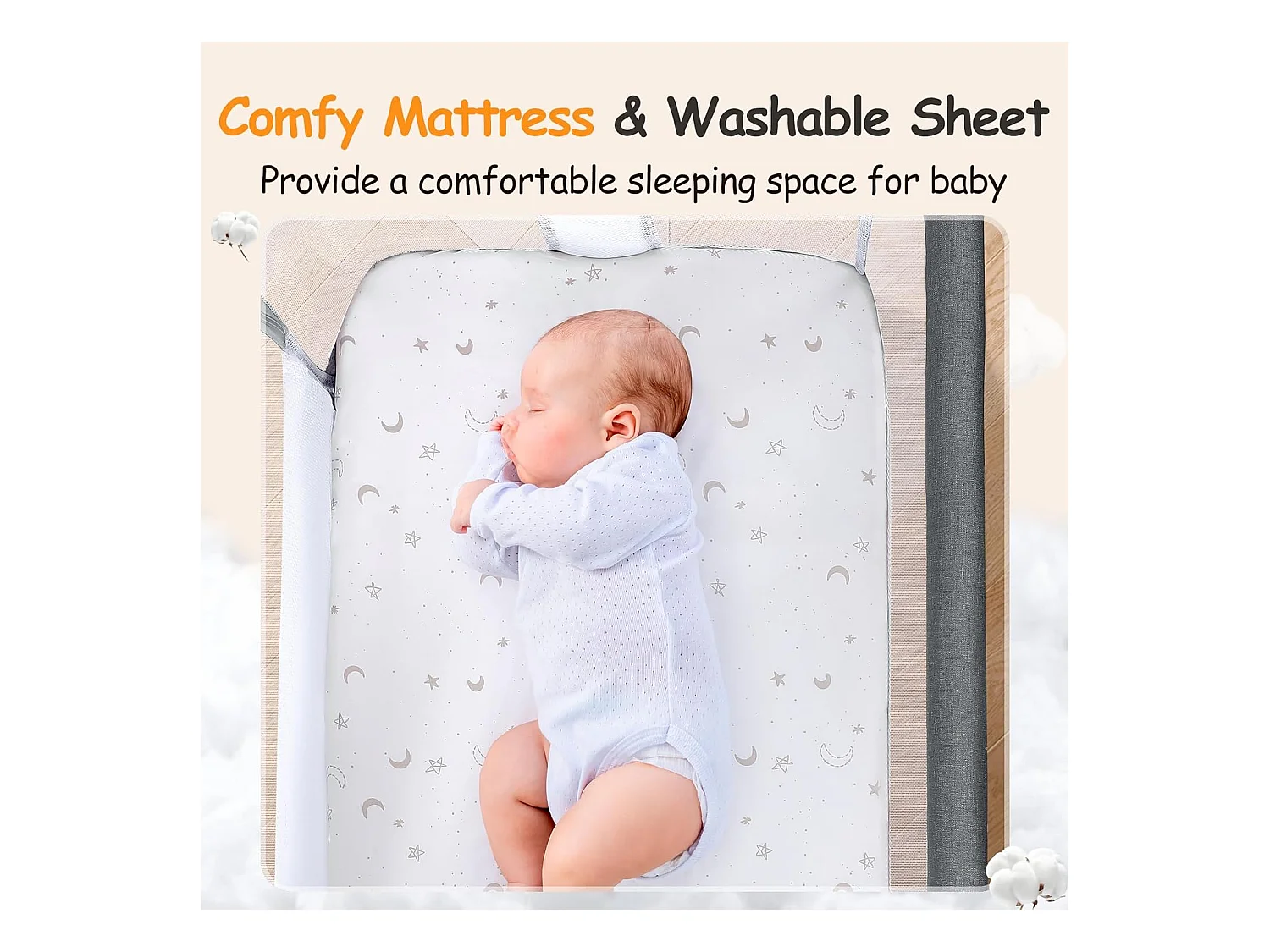 Berceau de Chevet pour Nouveau-Nés, Lit Bébé Portable avec Roulettes, Panier de Rangement, Matelas, Réglable en Hauteur 7 Positions, Noir