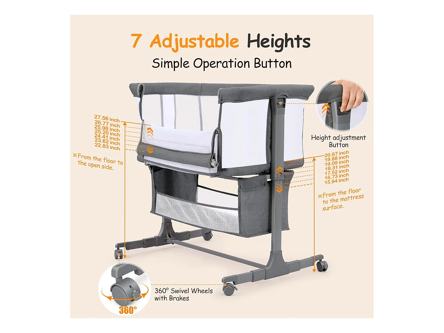 Berceau de Chevet pour Nouveau-Nés, Lit Bébé Portable avec Roulettes, Panier de Rangement, Matelas, Réglable en Hauteur 7 Positions, Noir