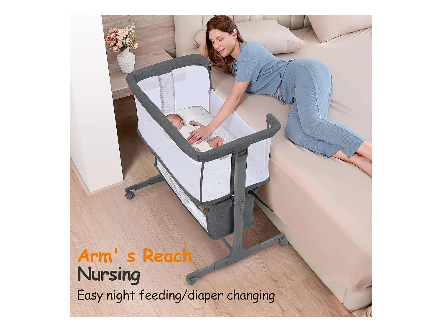 Berceau de Chevet pour Nouveau-Nés, Lit Bébé Portable avec Roulettes, Panier de Rangement, Matelas, Réglable en Hauteur 7 Positions, Noir