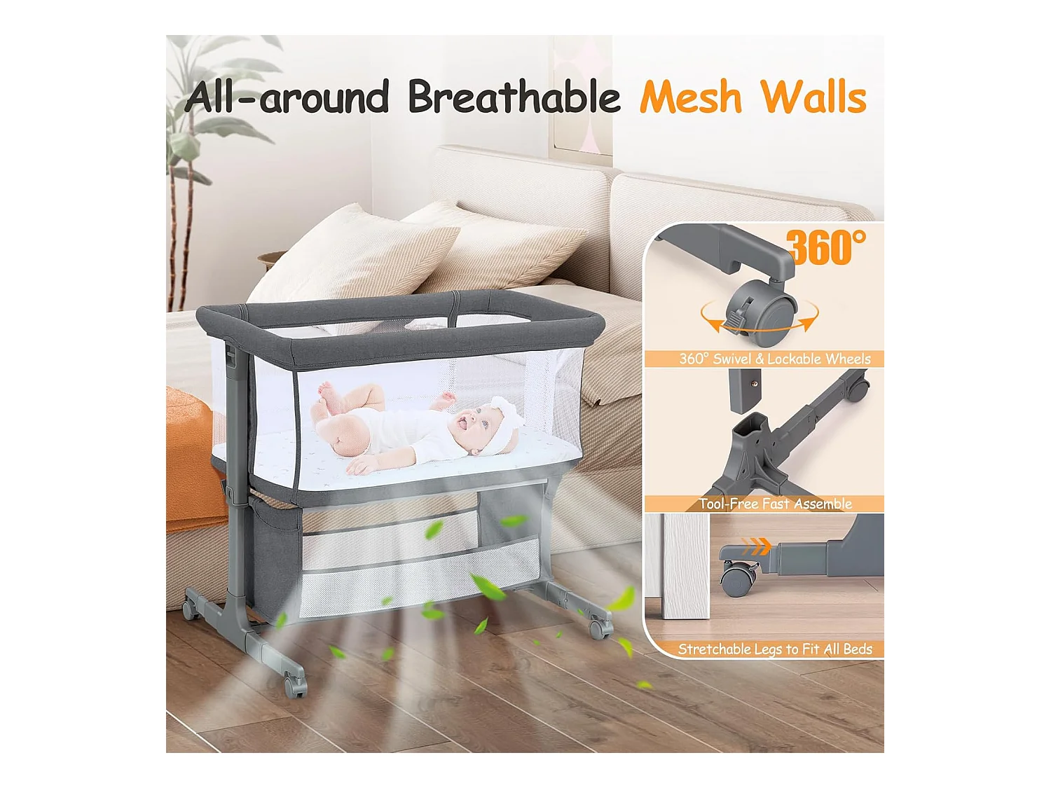 Berceau de Chevet pour Nouveau-Nés, Lit Bébé Portable avec Roulettes, Panier de Rangement, Matelas, Réglable en Hauteur 7 Positions, Noir