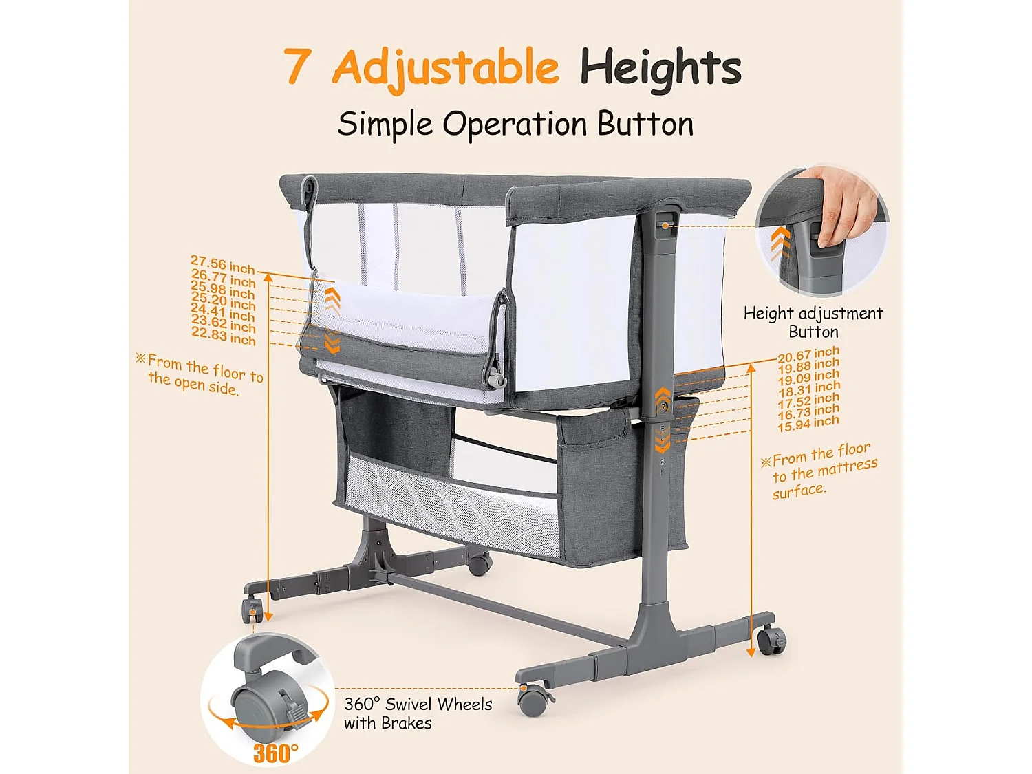 Berceau de Chevet pour Nouveau-Nés, Lit Bébé Portable avec Roulettes, Panier de Rangement, Matelas, Réglable en Hauteur 7 Positions, Noir