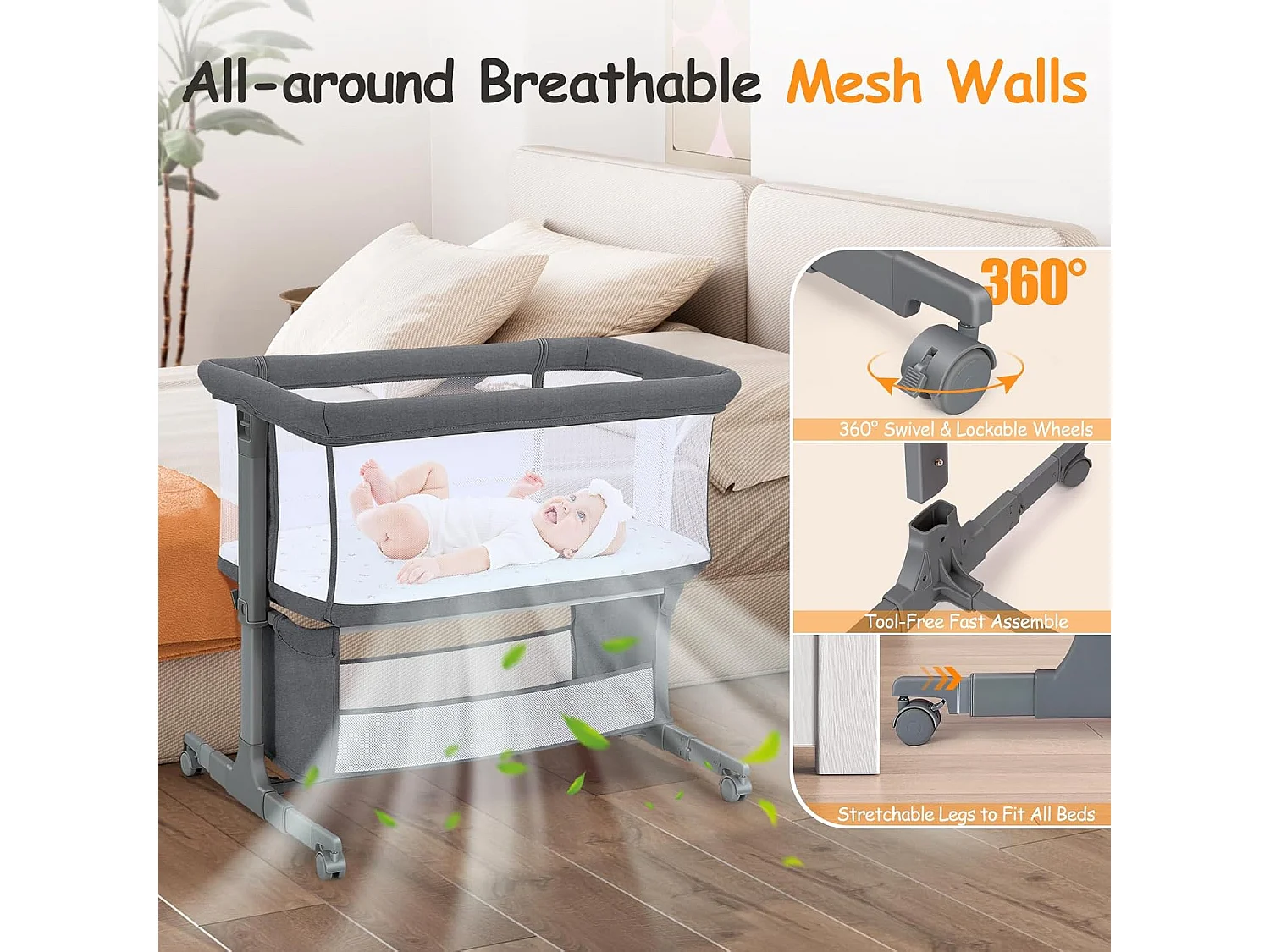 Berceau de Chevet pour Nouveau-Nés, Lit Bébé Portable avec Roulettes, Panier de Rangement, Matelas, Réglable en Hauteur 7 Positions, Noir
