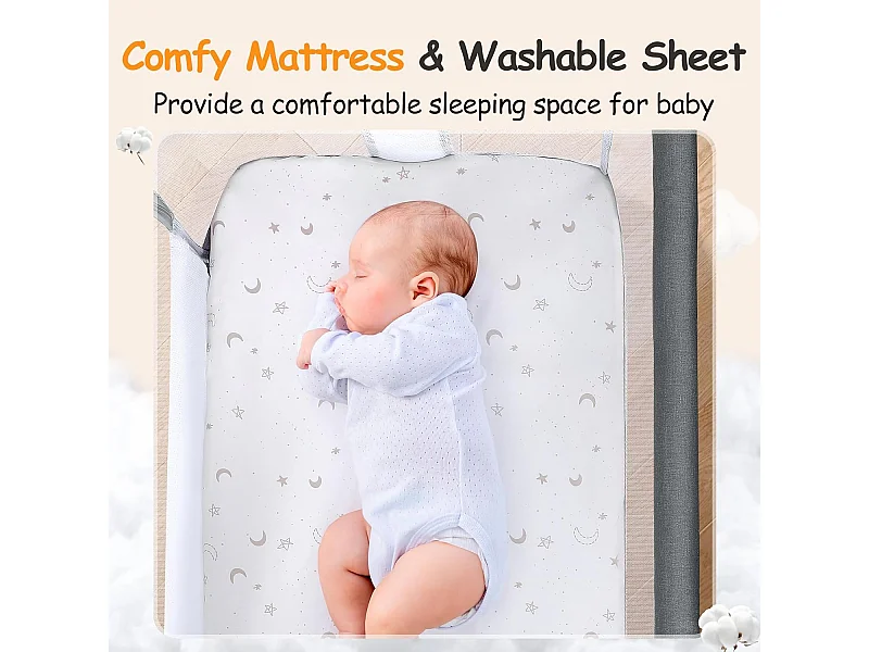 Berceau de Chevet pour Nouveau-Nés, Lit Bébé Portable avec Roulettes, Panier de Rangement, Matelas, Réglable en Hauteur 7 Positions, Noir