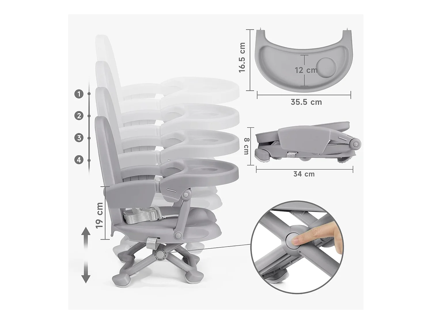 Seggiolone portatile YOLEO per neonati, Seggiolino rialzato con cintura di sicurezza e vassoio removibile, Adatto a bambini dai 6 ai 36 mesi