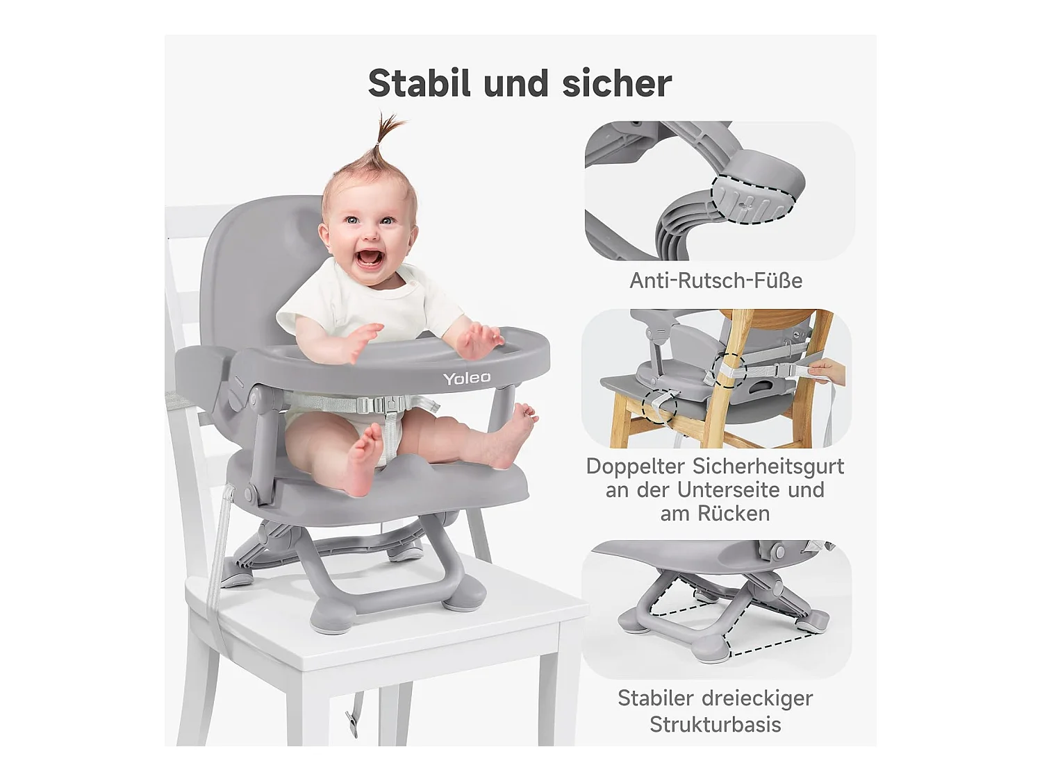 Seggiolone portatile YOLEO per neonati, Seggiolino rialzato con cintura di sicurezza e vassoio removibile, Adatto a bambini dai 6 ai 36 mesi