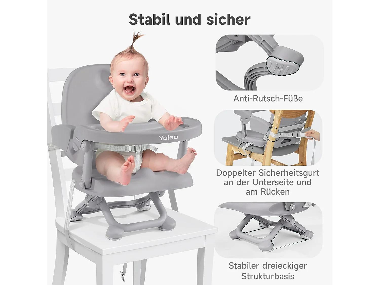 Chaise haute portable YOLEO pour bébé, Siège rehausseur avec ceinture de sécurité et plateau amovible, Convient aux enfants de 6 à 36 mois