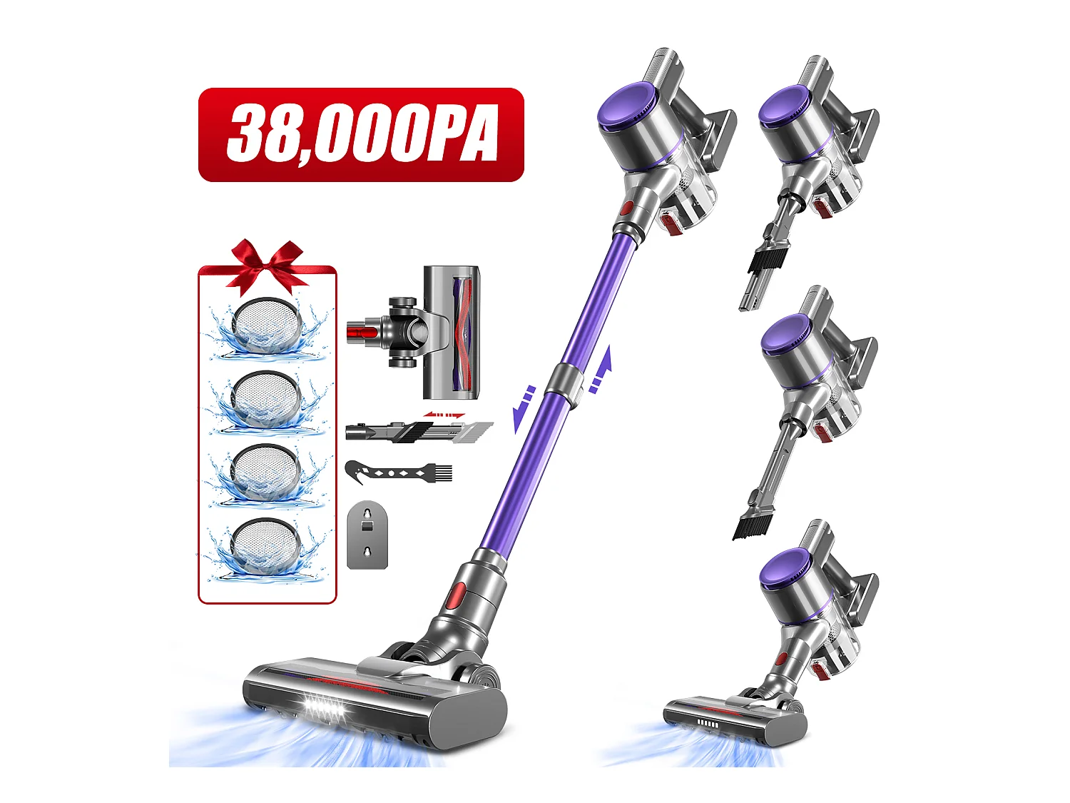 Aspirateur Balai 38000 PA,55min,Lumière LED,Aspirateur Balai sans Fil 3 en 1,Capacité 1.3L,Batterie 2200mah*6,Poils d'Animaux