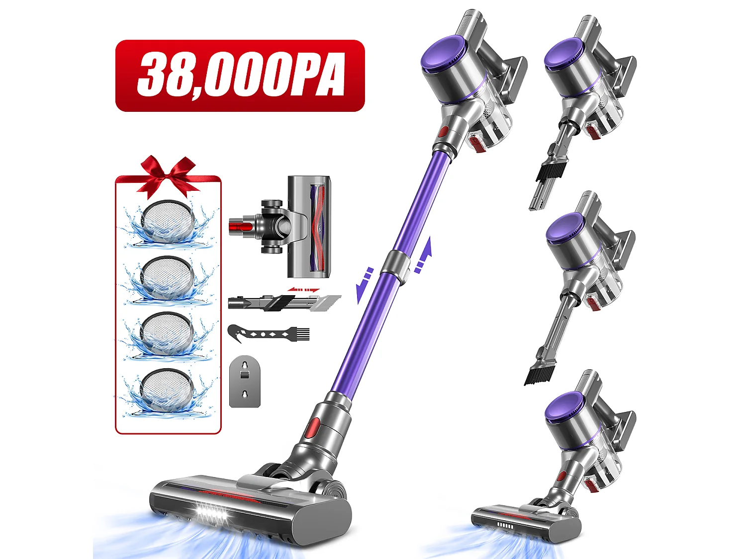 Aspirateur Balai 38000 PA,55min,Lumière LED,Aspirateur Balai sans Fil 3 en 1,Capacité 1.3L,Batterie 2200mah*6,Poils d'Animaux