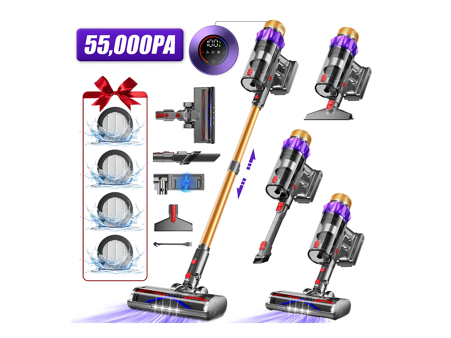 Aspirateur Balai, 55000Pa/550 W, Autonomie Jusqu'à 70 Min, 2200mAh, Grande Capacité de 1,8 L